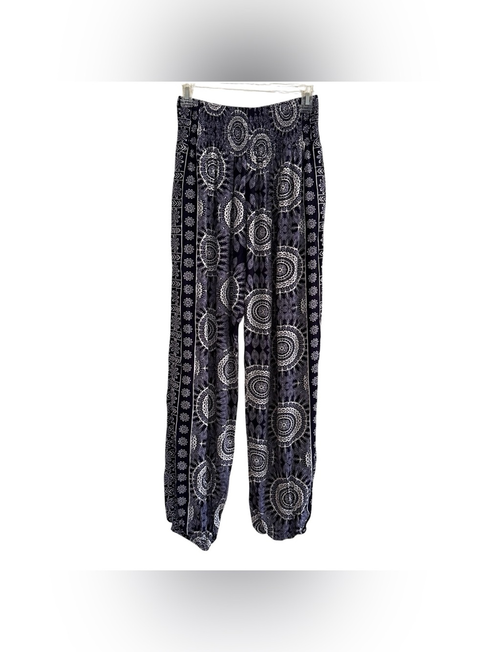 Lotus and Luna Navy Blue White Mandala Harem Pants Balloon Smocked waist S - Picture 4 of 6